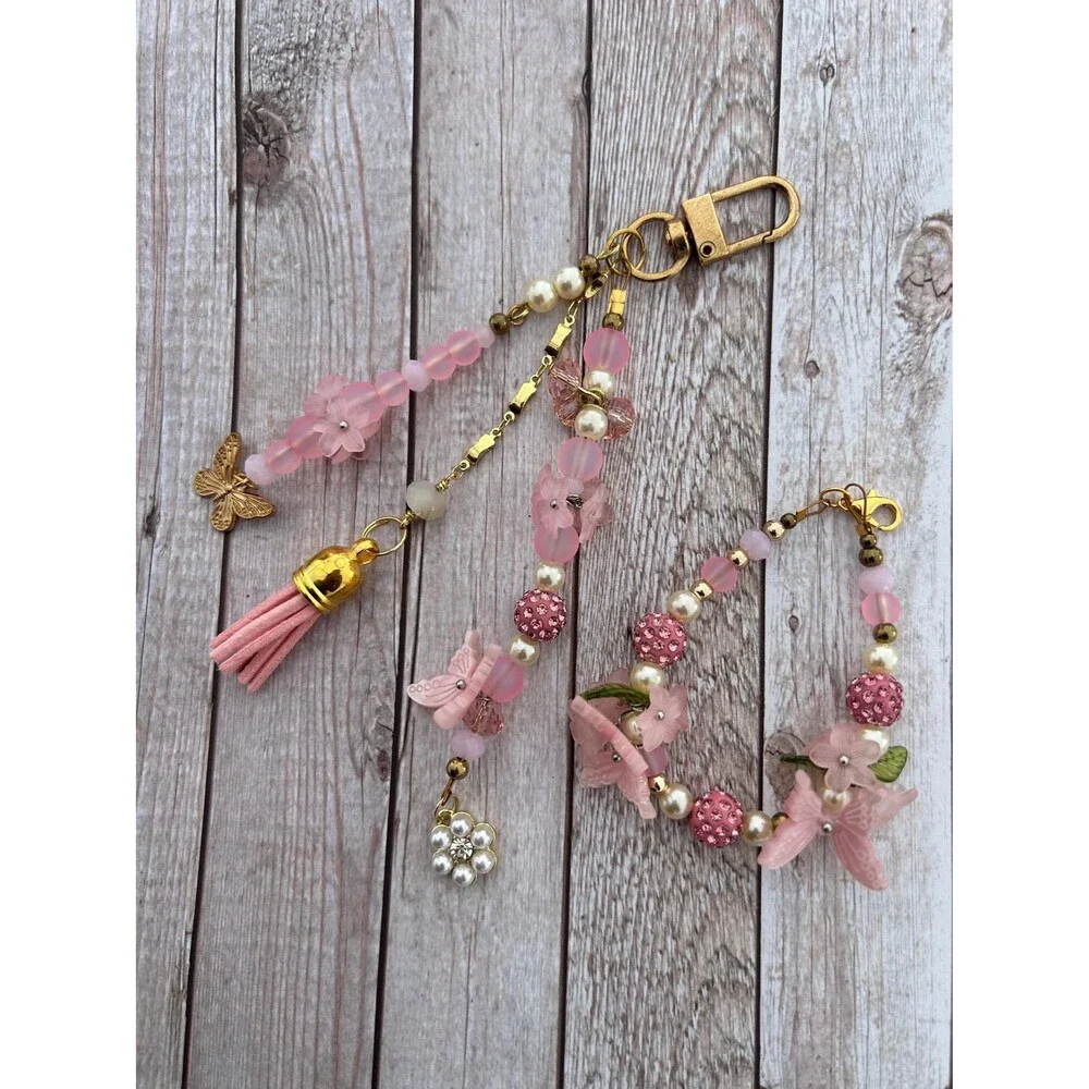 Pink Floral Zipper Pull & Bag Charm Handmade Butterfly Purse Charm